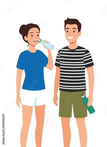 people in sportswear drinking water, couple hydrating after workout, man and woman with bottles, post training refreshment, fitness hydration routine, thirsty athletes resting, healthy lifestyle conce