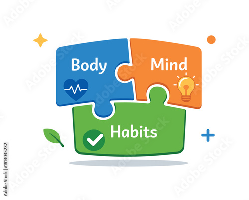 Personalized health and wellness solutions visualized with modular puzzle pieces labeled body, mind and habits fitting together into one