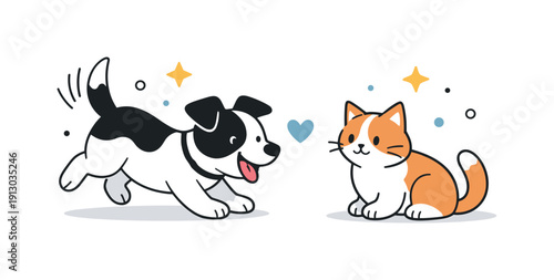 Cats and dogs friendship. A dog playfully approaches while a cat observes with gentle curiosity, creating a warm and balanced interaction.