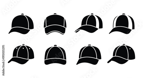 Collection of black baseball cap silhouettes in various orientations