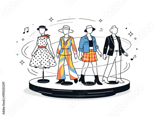 Fashion's Evolution Display. The evolution of fashion through the decades. A rotating mannequin display showing outfit layers changing from retro to modern as