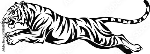 Stylized leaping tiger illustration, dynamic mid air pose, bold striped design, powerful animal vector art, agile predator symbol