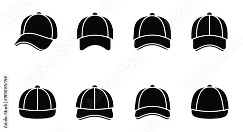 Collection of black baseball cap silhouettes in various orientations