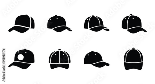 Collection of black baseball cap silhouettes in various orientations