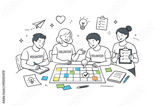 Nonprofit teamwork. Volunteers planning activities together around a table with notes, calendars, and checkmarks, calm
