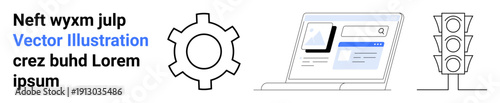Gear cog, computer interface with profile login, and traffic lights. Ideal for technology, process development, interface design, navigation, innovation, user experience simple landing page