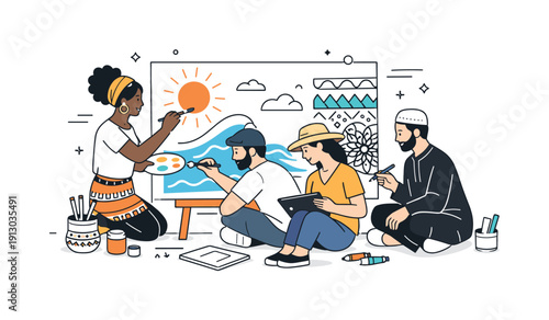 Multicultural art collaboration. People with diverse styles working together on a shared artwork, focused creative process and harmony.