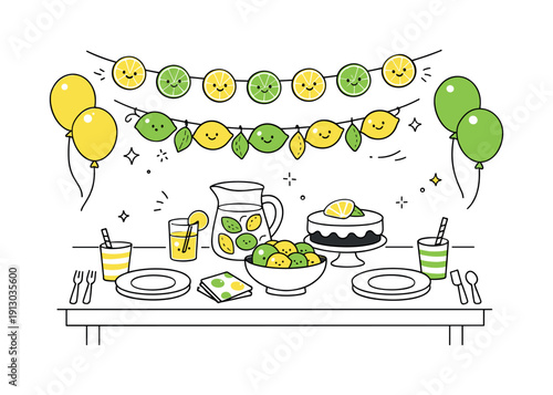 Lemon and lime-themed party decorations. A festive table setup with lemon and lime garlands, balloons, and simple tableware. The scene feels