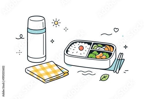 Elegant Outdoor Lunch. Thermal flask with lunch setup. A closed thermos beside a bento box and cloth napkin, abstract lines and icons indicating a thoughtful