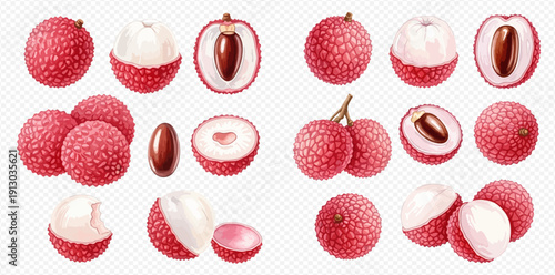 Fresh lychee fruit set with whole, peeled, and cut halves showing seeds on transparent background.