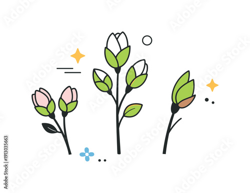 Spring Blossom Emergence. Spring flower buds. Delicate buds beginning to open, captured in a simple editorial still life. The mood is gentle and optimistic,