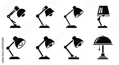 Collection of black silhouette lamp and desk lamp icons in various styles