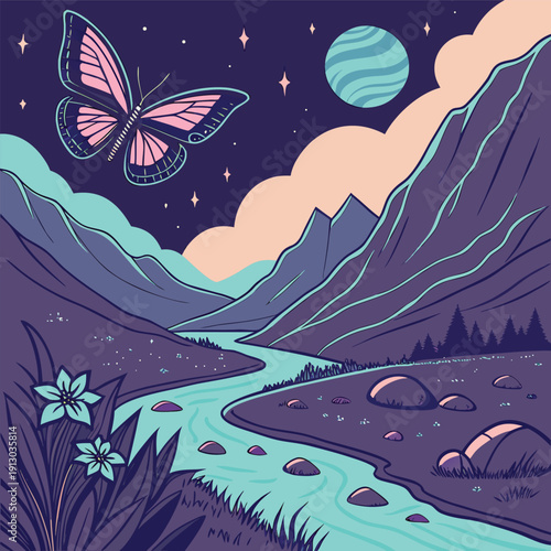 Futuristic Cosmic Butterfly Landscape Fantasy Illustration