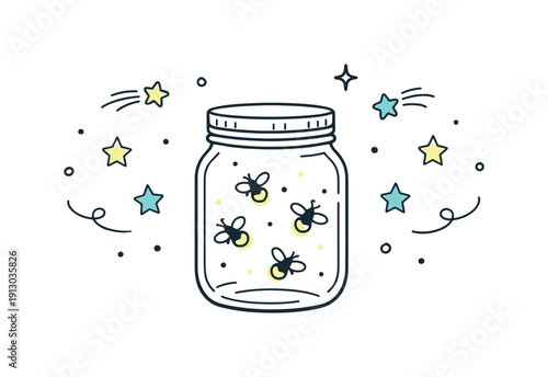 Whimsical Firefly Night. Summer night decor. Firefly jar paired with small stars and gentle motion lines. Whimsical yet calm outdoor evening concept.