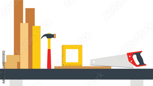 Assorted carpentry tools including a hammer, square, and handsaw rest on a dark surface next to lumber pieces.