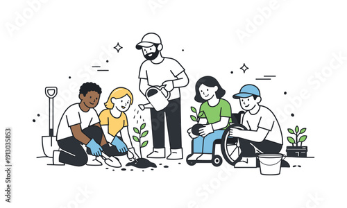    Inclusive teamwork outdoors. A diverse team collaborating on a simple outdoor activity like planting trees, with shared tools and supportive