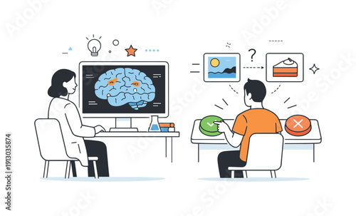 Neuroscience Decision Study. Scientific study of decisions. A researcher calmly observing a simplified brain scan on a screen while a subject makes a choice