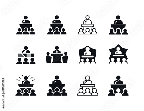 Political speeches. Icon set. Set Logo of Political speeches: leader addressing audience. harmonious logo variations of the same emblematic