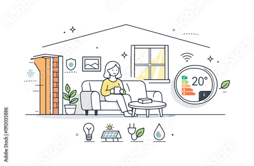 Smart Energy Home. Energy efficiency concept. Home with smart thermostat, insulated walls, and soft sunlight through windows. Calm atmosphere focused on saving