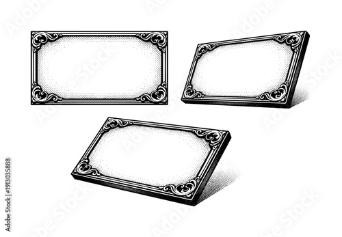   Black and white halftone invitation frame, a single rectangular invitation frame object shown in flat front view, angled view, and