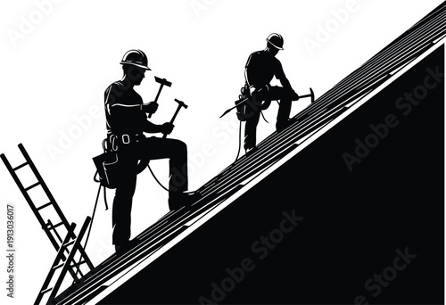 Roofing workers silhouettes, construction labor, steep roof, ladder, hard hats, safety harness, hammer, repair illustration, building maintenance, vector art teamwork