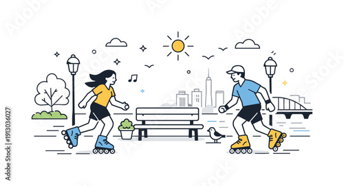    Spring rollerblade cruising. Urban riverside or promenade scene, skaters passing benches and lamps, balanced mix of city and nature, relaxed