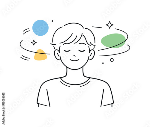 Self-Care Serenity. Self-care moment. A person enjoying quiet time with eyes closed and a gentle smile, abstract shapes softly orbiting to show calm focus and