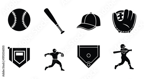 Black silhouette icons representing various elements of baseball