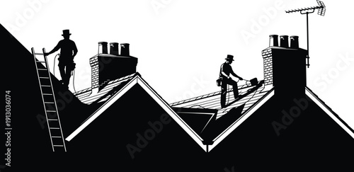 Rooftop workers silhouette, ladder, tool belt, chimney sweeping, roof maintenance, painting, repair illustration, construction labor, building vector art, handyman gear