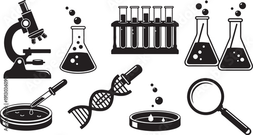 Science Laboratory Equipment and Research Tools Icon Set Collection