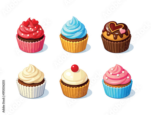 Bakery cupcake. Isometric flat vector icons set of bakery cupcake: classic Valentine cupcake, cupcake with piped frosting detail, cupcake