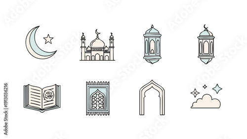 Flat design illustration set of various Islamic symbols and icons on a white background with a calm and serene mood.