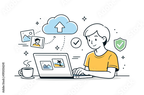 Organized Digital Memories. Backing up digital photos. A person calmly saving photos to cloud storage on a laptop, feeling secure and organized while managing