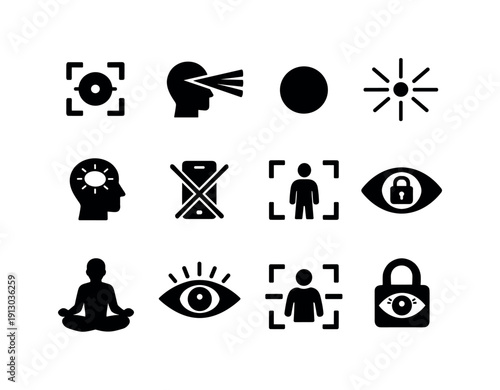   Focus and Attention. Filled icon set of Focus and Attention: focus target, attention beam,