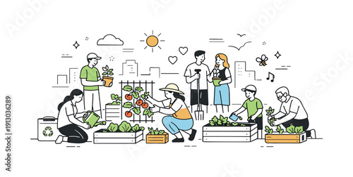 Rooftop Garden Harmony. Community rooftop garden. People tending plants on a shared green roof above the city. Social connection, wellness and sustainable