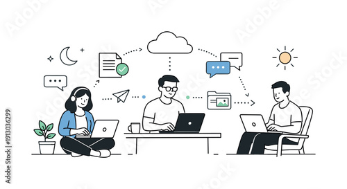 Global Team Synergy. Async team collaboration moment. A calm editorial scene with team members working separately on laptops, connected by message icons and