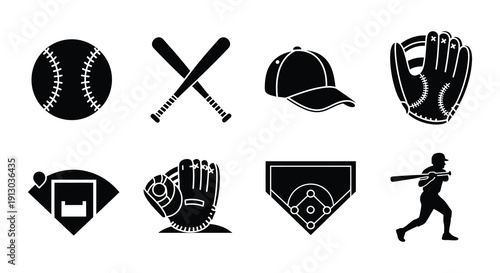 Black silhouette icons representing various elements of baseball