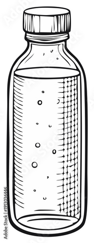 Clear Glass Bottle Filled with Bubbles and Liquid Isolated Outline Sketch