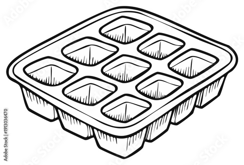 Sketch of a Nine-Compartment Plastic Container with Detailed Lines and Shadowing for Organization