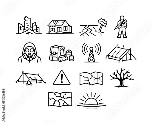 Post-Cataclysm Icons. Post-Cataclysm. Line icon set of Post-Cataclysm: ruined cityscape, abandoned house, broken road, lone survivor, gas mask
