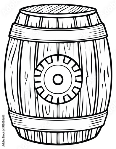 Rustic Wooden Barrel with Gear Emblem Black and White Line Art Drawing
