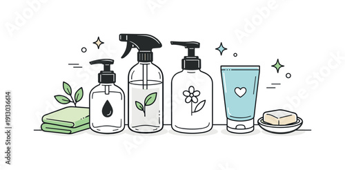 Minimal Eco Bottles. Refill bottles set. Minimal refillable bottles arranged neatly, showing sustainable packaging and everyday eco-friendly use. Clean and