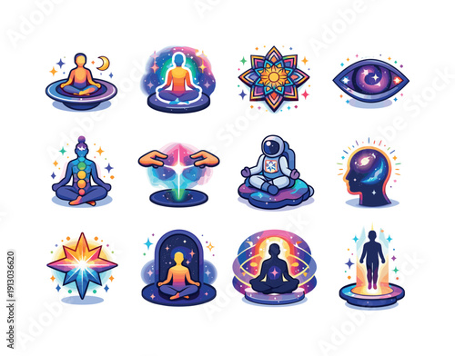    Spiritual cosmos. Colorful isometric vector icons set of spiritual cosmos: meditation in space, cosmic aura, star mandala, third eye galaxy,