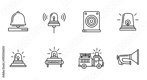 Line art icons depicting various emergency warning and alert signals