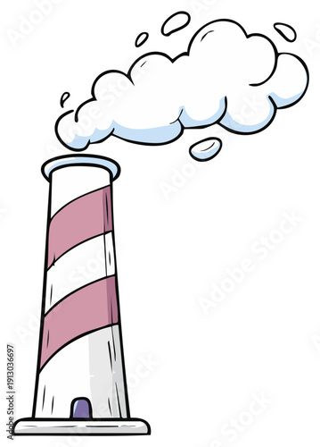 Stylized industrial chimney puffing white smoke cartoon illustration