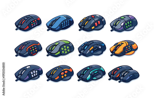 MMO gaming mice. Colorful isometric vector icons set of MMO gaming mice: multi button mouse, side panel keypad mouse, macro gaming mouse, MMO