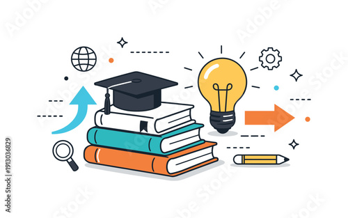   Education and learning overview. An abstract composition with books, graduation cap, lightbulb, and arrows, symbolizing knowledge, progress,