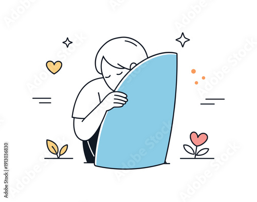    Emotional avoidance. A person gently shielding themselves with a simple abstract shape, symbolizing boundaries and withdrawal.