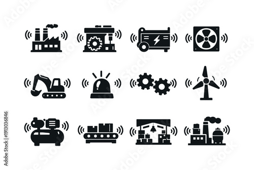 Noise pollution. Solid icon set of Noise pollution: industrial noise, factory machinery, power generator, ventilation fan, heavy equipment,