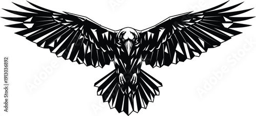 Stylized raven or crow in symmetrical flight, black and white vector illustration with bold wings and dramatic design for tattoos, logos, symbolic and decorative projects